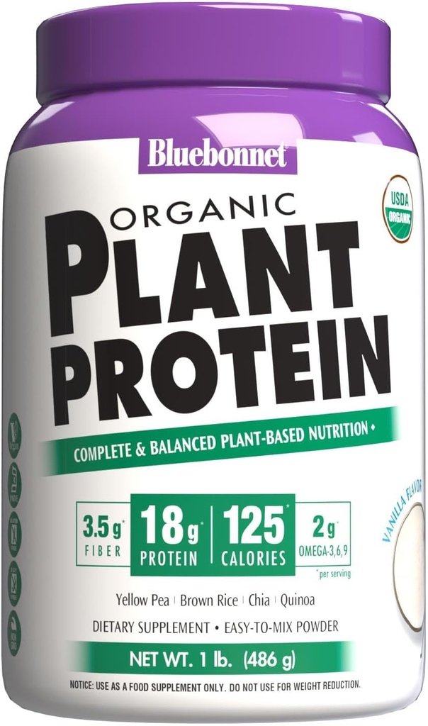 Bluebonnet Nutrition Organic Plant Protein - 18g Protein, 3.5g Fiber – Chia, Quinoa & More - Non-GMO, Vegan, Kosher, USDA Organic, No Sugar Added – Glutenfrei, Soja & Milch - 1 LB, Vanilla Flavor