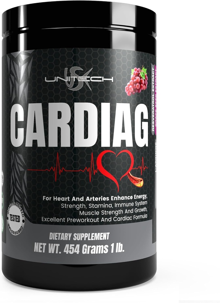 Unitech USK Cardiag Traubenpulver | Natürliche Ergänzung mit L-Arginin, L-Citrullin, Trauben-Sädt-Extrakt, Resveratrol und Coenzym Q10 | Trauben Geschmack, 16 oz