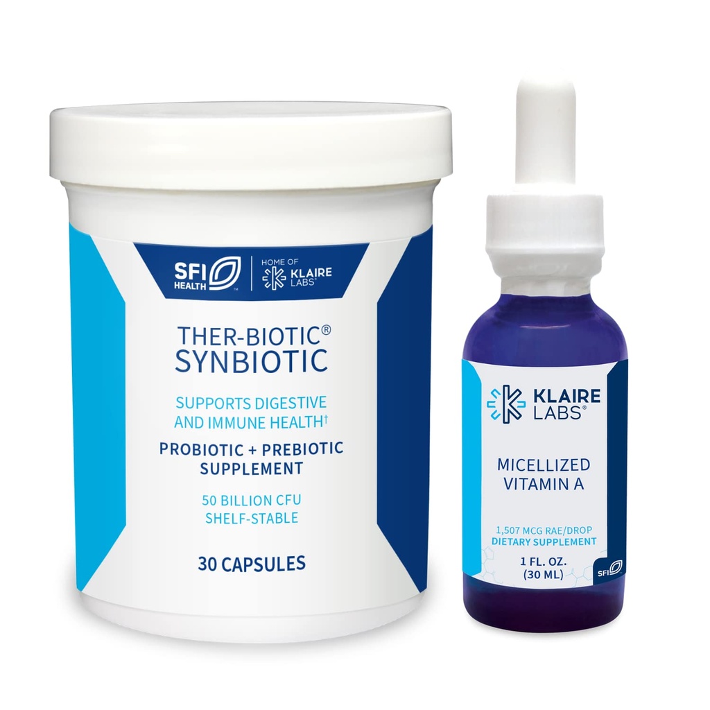 Klaire Labs Ther-Biotic Synbiotic Probiotic (30 Kapseln) & Micellized Vitamin A Liquid (1 Unze / 600 Portionen) 5000 IU Bundle - Verdauungs- und Immununterstützung - Hypoallergen 2 Produktset