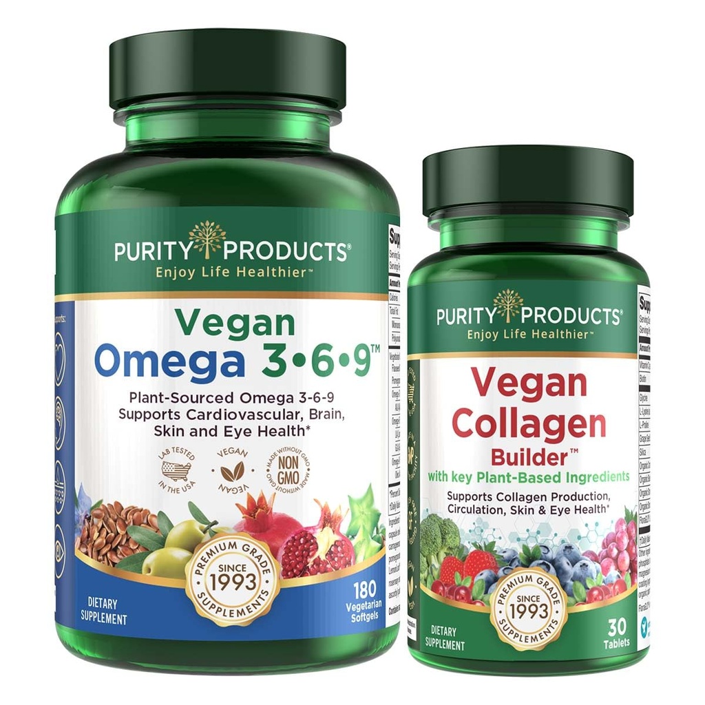 Reinheitsprodukte Bundle - Vegan Omega 3-6-9 (180 ct) + Vegan Collagen Builder Omega 3-6-9 (“5 in 1” Pflanzliche Omega Essential Fatty Acid) - Vegan Collagen Builder (w/Key Plant-Based Ingredients)