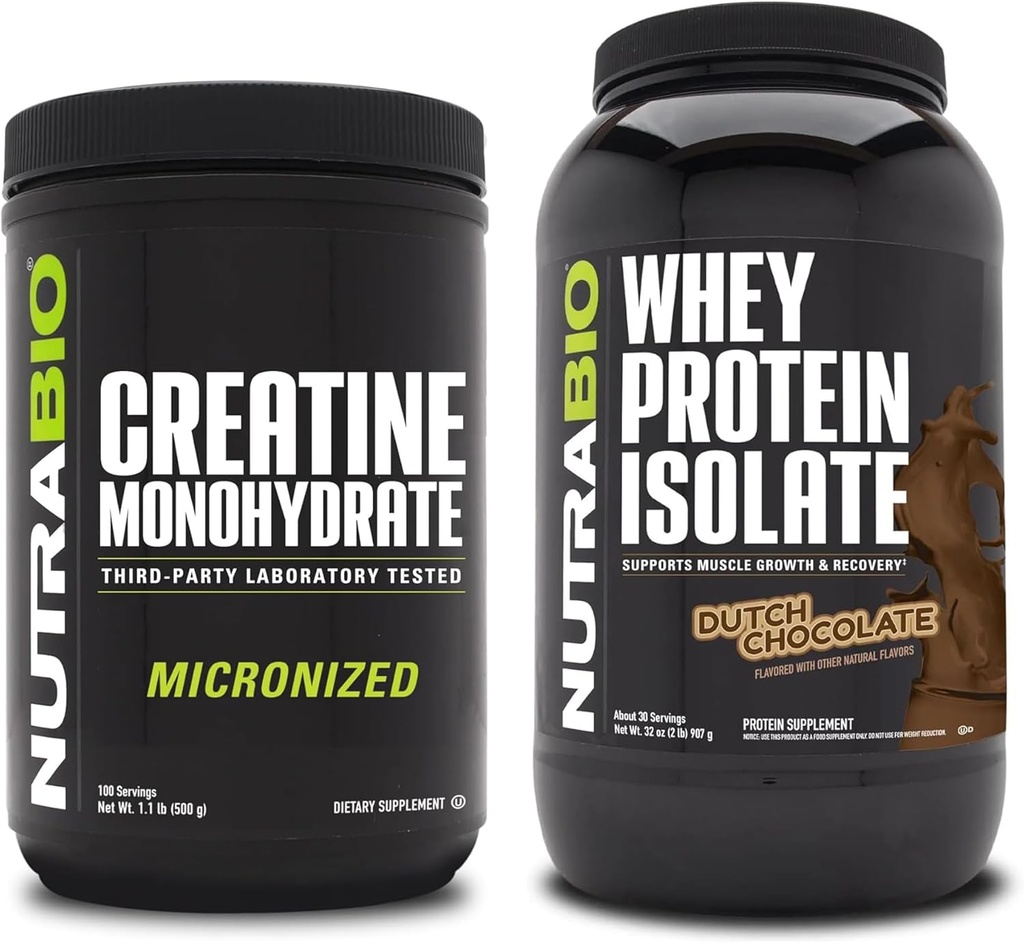 NutraBio Creatine Monohydrate, Unflavored, 500g und Whey Protein Isolate, Dutch Chocolate, Supplement Bundle - Muscle Energy, Lean Muscle Growth, Recovery and Strength