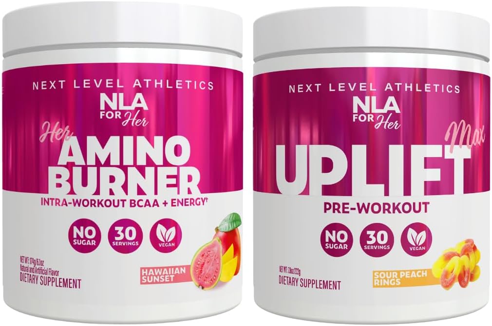 NLA für ihr Pre/Intra Workout Stack (inklusive ihrem thermogenen Amino Hawaiian Sunset und Uplift Max Pre Workout Sour Peach Ringe)