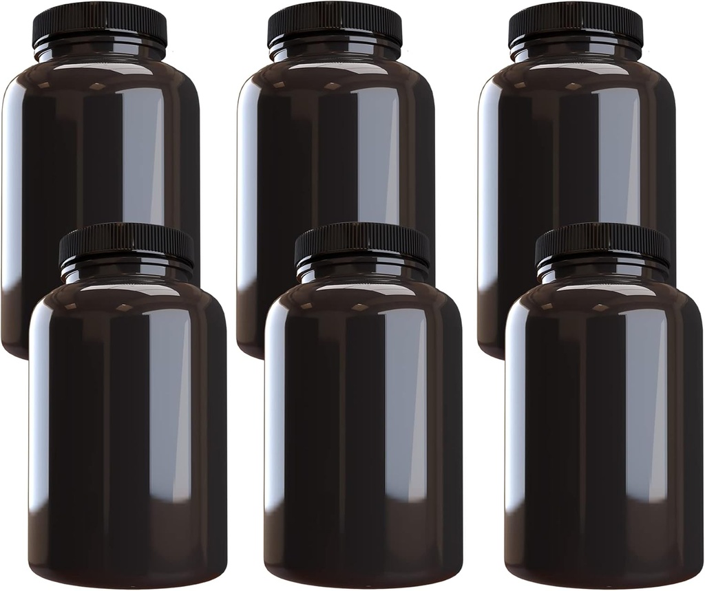 Company Plastic Pill Bottle (6 Pack) Dark Amber Container mit schwarzem Deckel, 500cc Kapazität