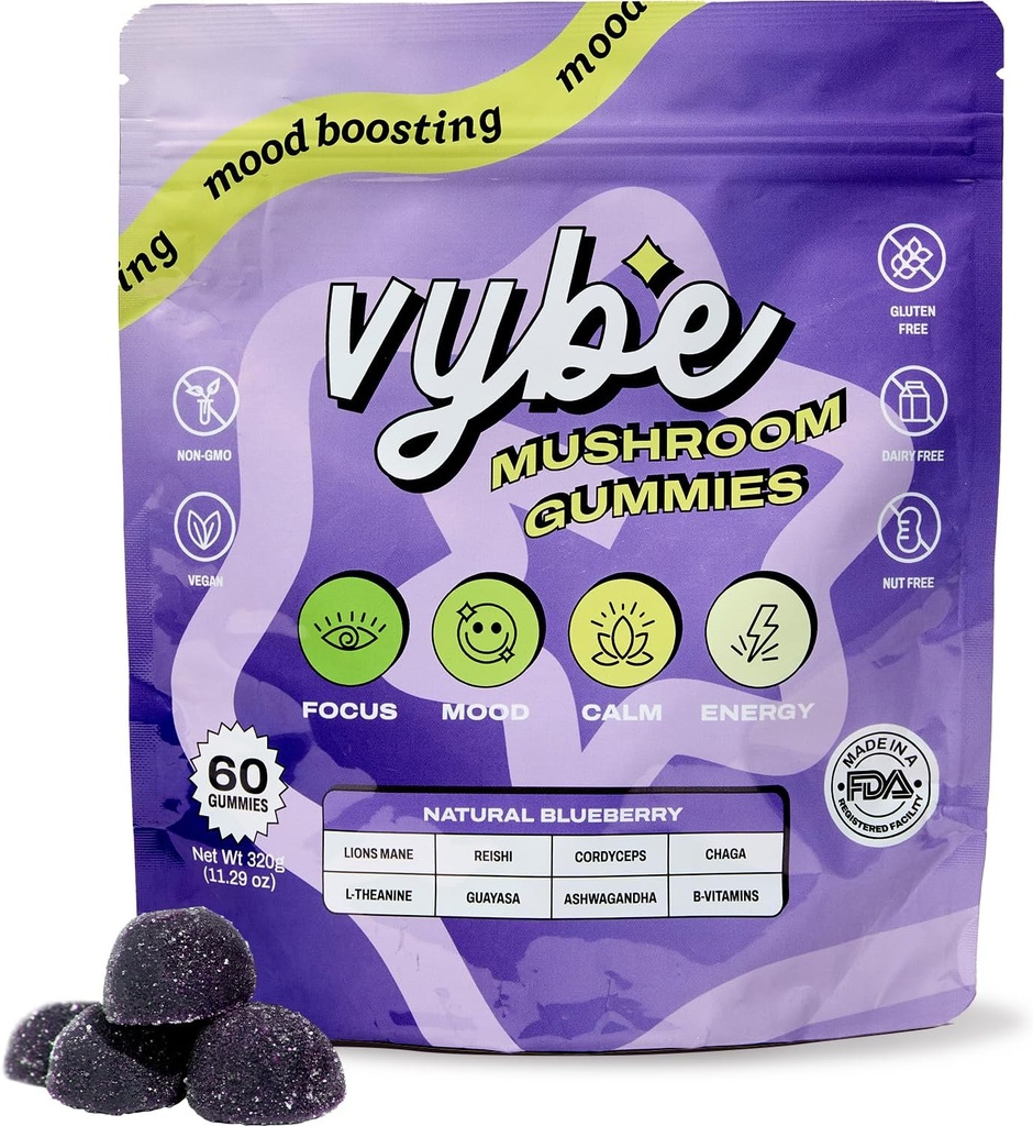 Vybe Daily Nootropic Gummies – 8-in-1 Mushroom & Adaptogen Brain Supplement für Fokus, Energie und Stimmung mit Lion's Mane, Cordyceps, Reishi, Chaga, Ashwagandha (Blueberry, 60-Count)