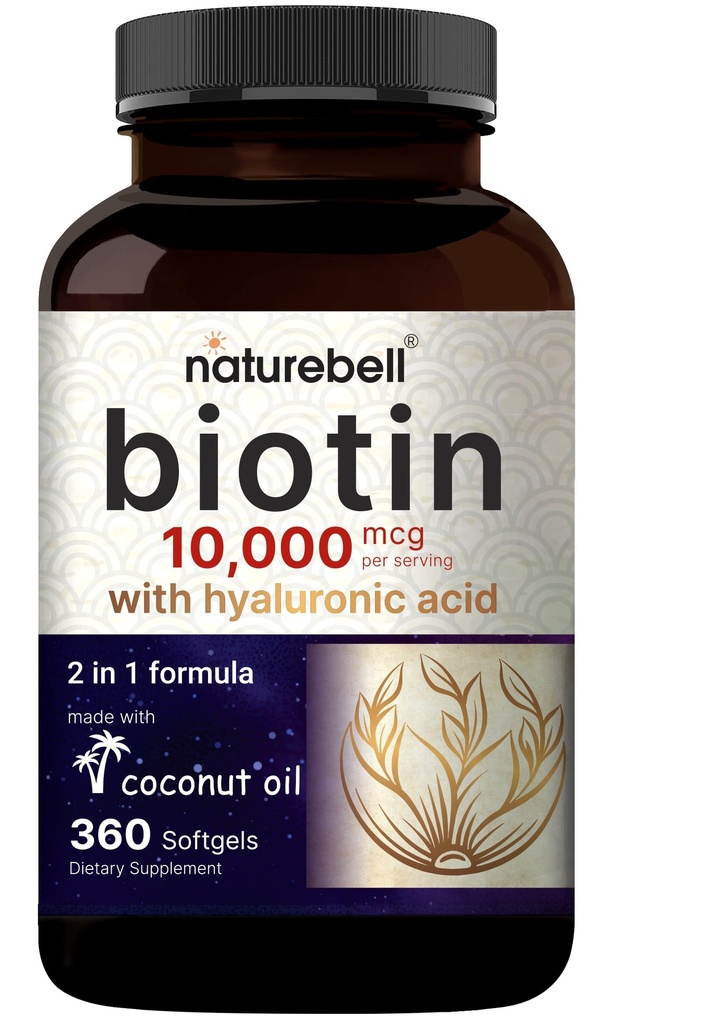 NatureBell Biotin 10000mcg + Hyaluronsäure 25mg | 360 Kokosöl Weichgele, Premium Biotin Ergänzung für Haarhaut und Nägel*