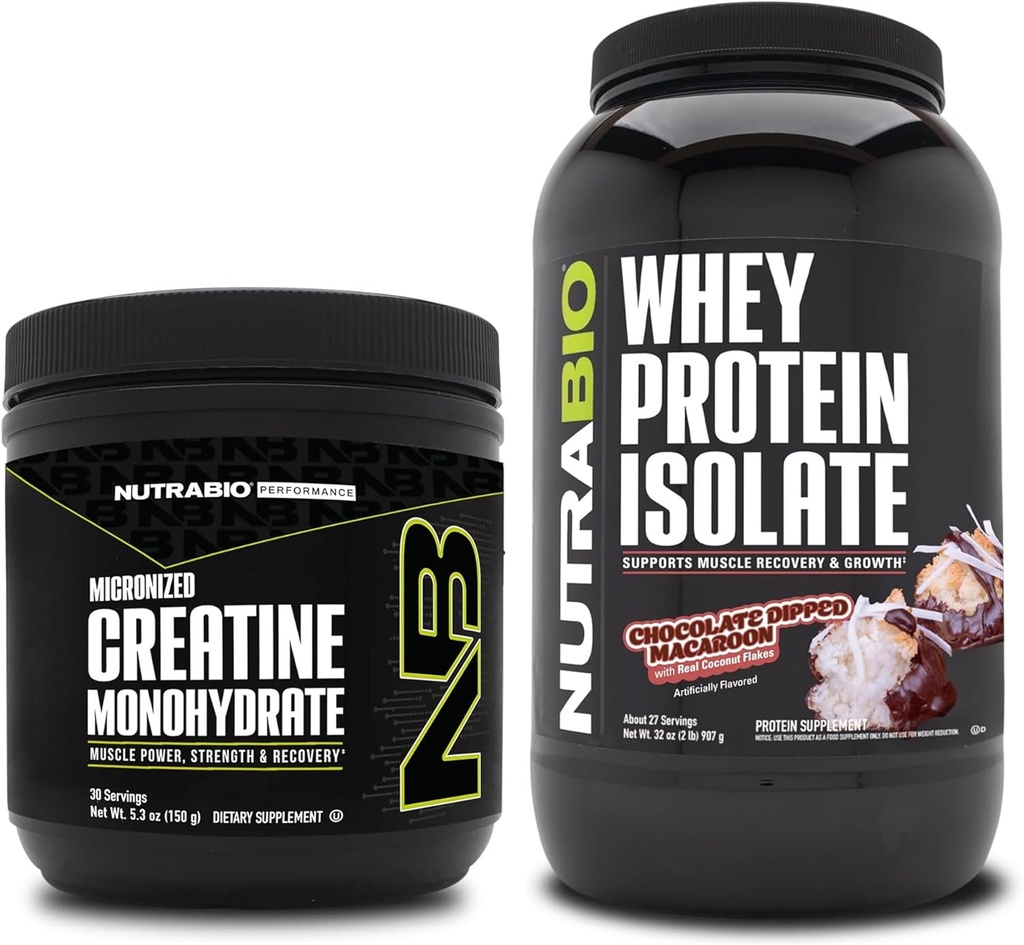NutraBio Creatine Monohydrate, Unflavored, 150g und Whey Protein Isolate, Schokolade Dipped Macaroon, Supplement Bundle - Muskelenergie, Lean Muskelwachstum, Erholung und Stärke