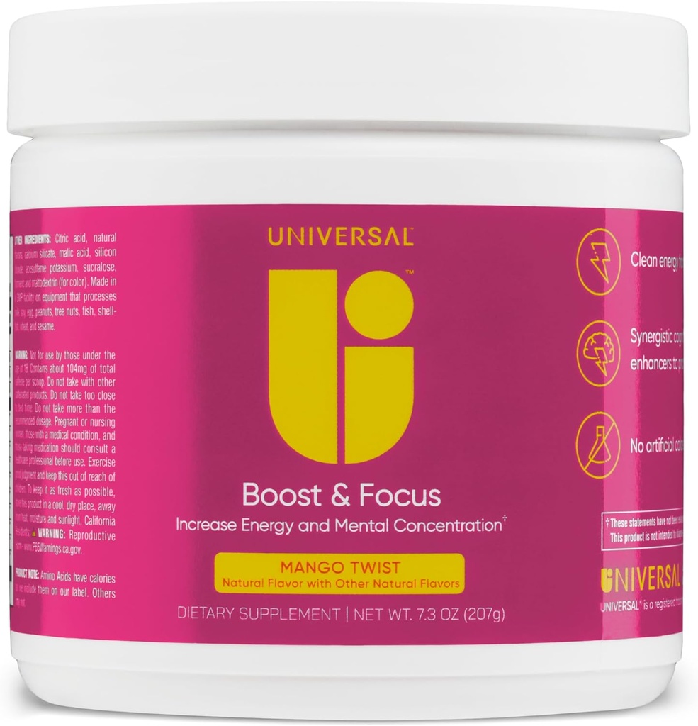 Universal U Boost & Focus Powder, Erhöhen Sie Energie und kognitive Leistung, Pre Workout, Custom Dosing, VIT B12, Niacin, Choline, L-Tyrosine, Keine künstlichen Geschmacksrichtungen, 30 Portionen (Mango Twist)