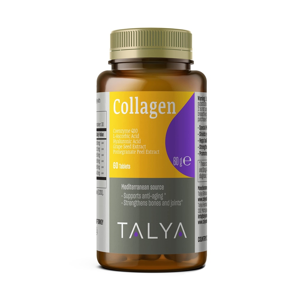 TALYA Collagen Pillen mit Hyaluronsäure + Vitamin C | Hydrolysiertes Kollagen für Frauen und Männer | Haar, Haut und Nägel | Non-GMO | 60 Kapseln