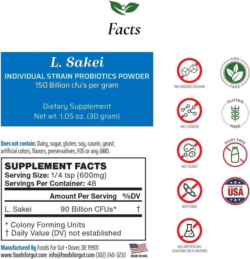 Lactobacillus Sakei Probiotic Powder 150 Billion cfu's | Made in USA | No Additives | Direct from Manufacturer | No Third-Party Storage | Sinus and Sinusitis Relief | L. Sakei | 30 Gramm (1.05 Oz)