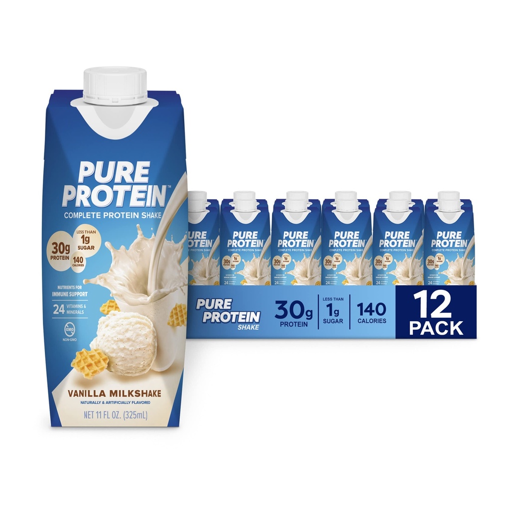 Pure Protein Vanilla Protein Shake, 30g Complete Protein, Vitamine A, C, D und E plus Zink zur Unterstützung Immungesundheit, bereit zu trinken und Keto-Friendly, 11oz Flaschen, 12 Pack