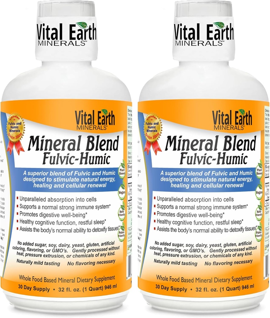 Vital Earth Minerals Fulvic Humic Mineral Blend Liquid 2-Pack – Fulvic Acid Supplement mit 70+ Trace Minerals, Elektrolyte für Erholung, Balance & Energy, 32 Oz Ea + 1 Oz Cup Ea