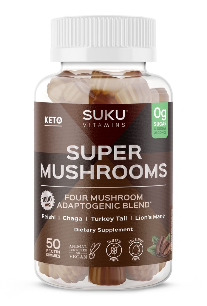 SUKU Vitamine - Super Pilz -Reishi Chaga, Türkei Tail & Lions Mane Blend Gummis für Immunität - einfach zu kauen - Non GMO, Gluten Sugar Free - Espresso Decaffeinated Flavored Gummy Vitamins, 50 Count