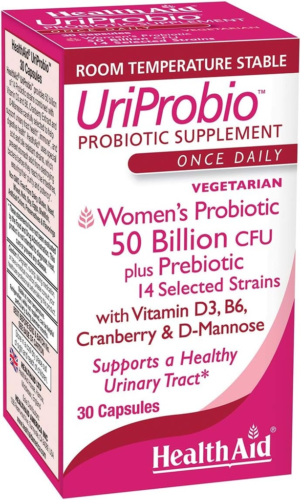 HealthAid UriProbio – 50 Billion CFU Frauen Probiotikum mit Prebiotikum, Cranberry, D-Mannose, Vitamin D3 & B6 | Unterstützt Urinary Tract & Digestive Wellness, Säure & Bile Resistant, Vegan