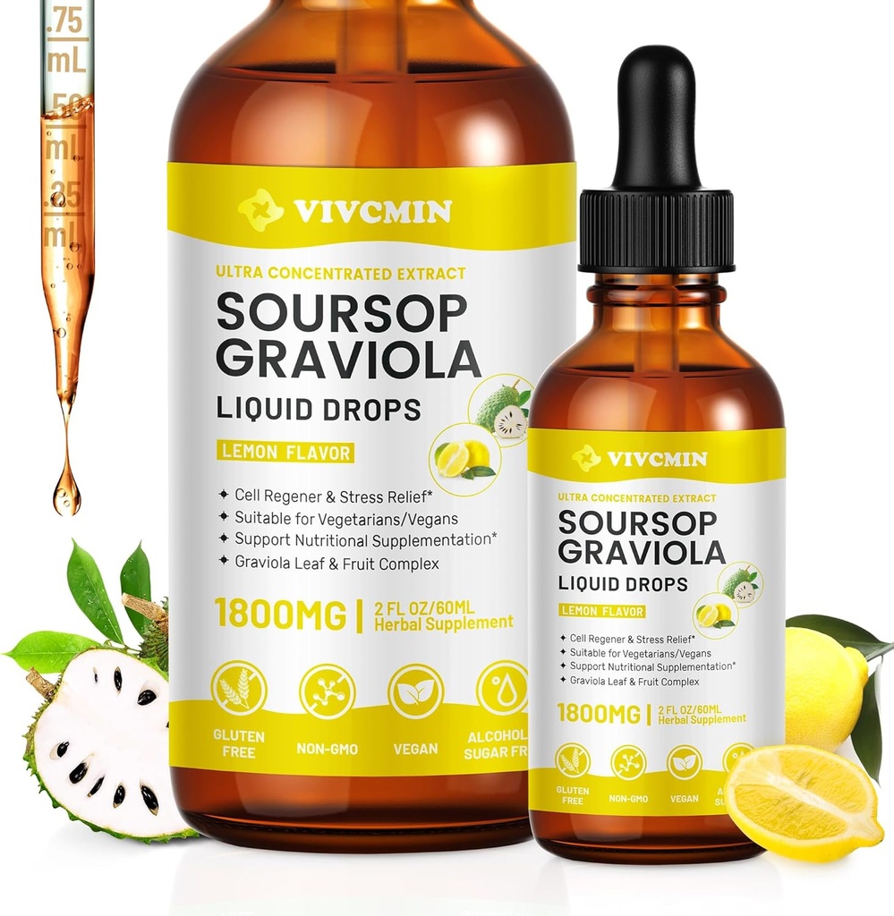 Graviola Soursop Blatt Extrakt Flüssigkeit - Soursop Bitters Flüssigkeit, Immununterstützung, Relax, Leber und Schlaf, Zucker & Alkoholfreie, hochabsorbierbare Formel, Zitronengeschmack, 2 Fl Oz