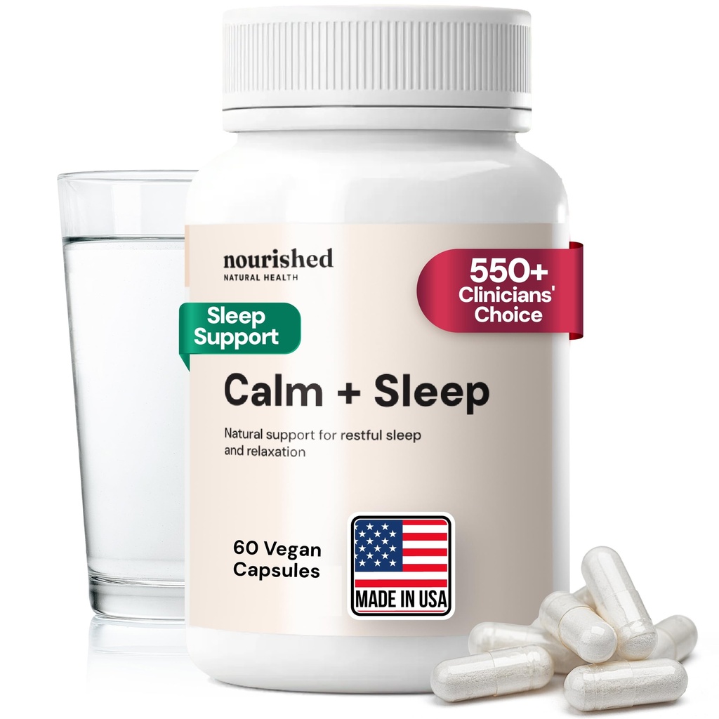 Nourished Natural - Calm + Schlafkapseln für tiefe Erholung & Entspannung mit Ashwagandha, Kamille, Tart Cherry Extract, Passionflower, L-Theanin, & Magnesium - 60 Kapseln