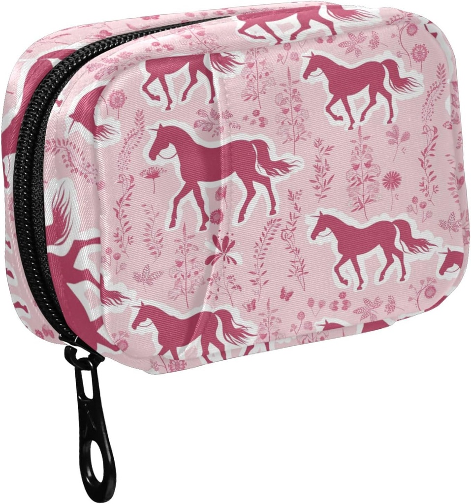 Fustylead Pink Horse Silhouette und Botanische Dekor Elemente Pill Organizer für Geldbörse, Wöchentliche tragbare Pille Box mit Reißverschluss zu Speicher Vitamine Fischöle Medikamente Ergänzungen