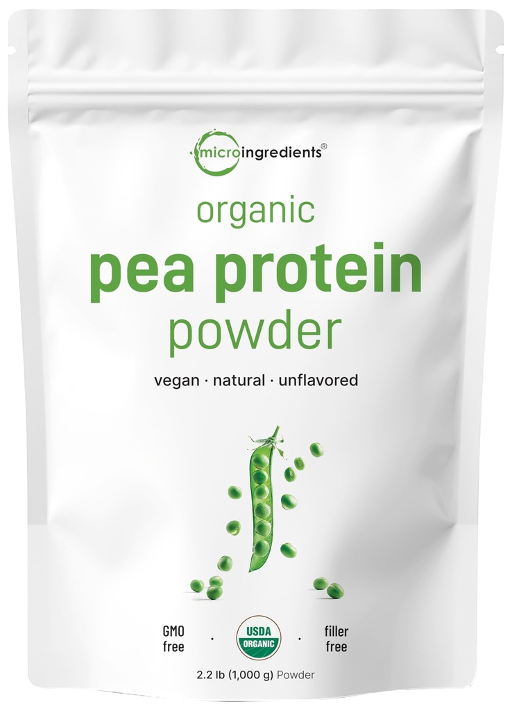 Micro Ingredients North America Grown, Organic Pea Protein Powder, 1KG (2.2 Pfund) | Pflanzenbasiertes Veganprotein, Fleischlose Proteinergänzung, reich an verzweigten Ketten Aminosäuren | Non-GMO, Soy Free