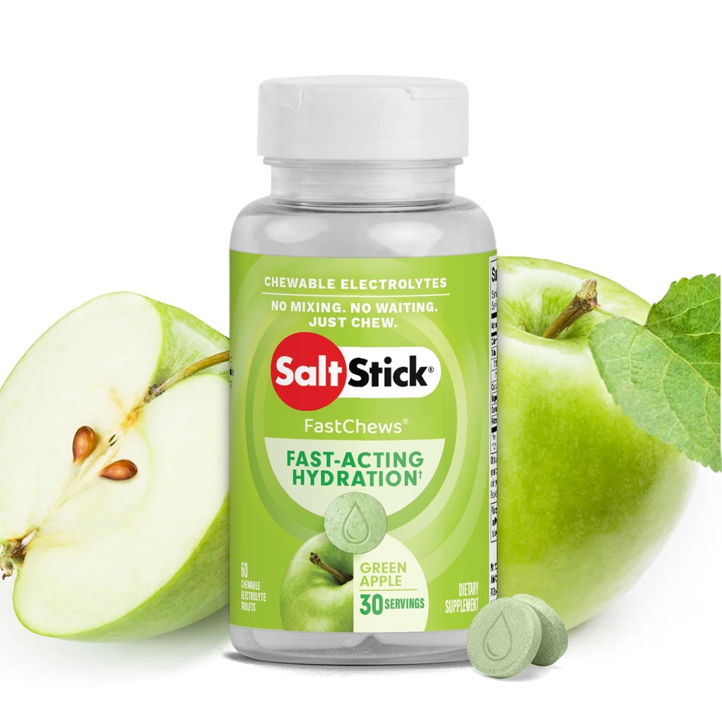 SaltStick Electrolyte FastChews - 60 Green Apple Chewable Elektrolyte - Salztabletten für Laufen und Hydration, Elektrolyt Chews - 60 Count