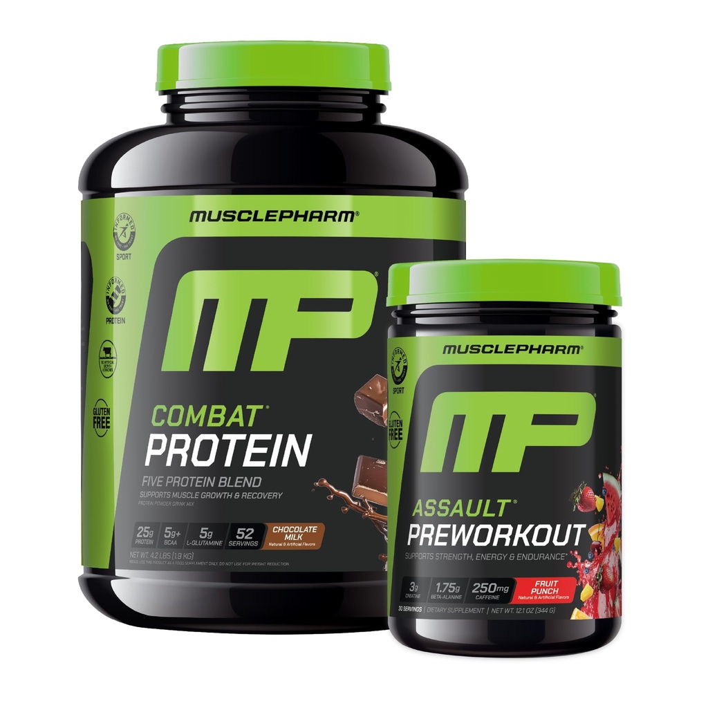 Muscle Pharm Combat 4lb Chocolate Protein und MusclePharm Assualt Fruit Punch Preworkout