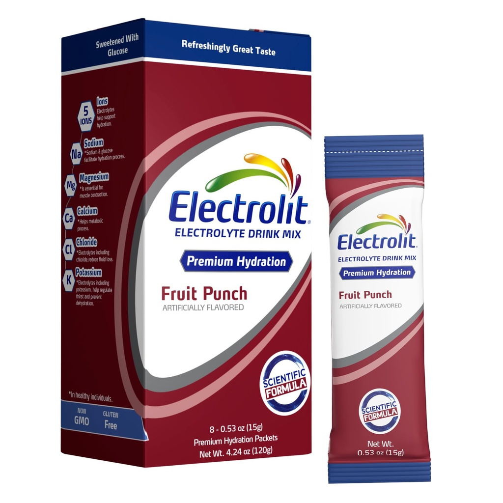 Elektrolyt-Pulver-Packets, Frucht-Punch 8-Pack, Pulverierte Hydration-Packets für Dehydratation & Rehydration, Post Workout Flavored Hydrating Drink Mix, Gluten Free Daily Water Enhancer Sticks