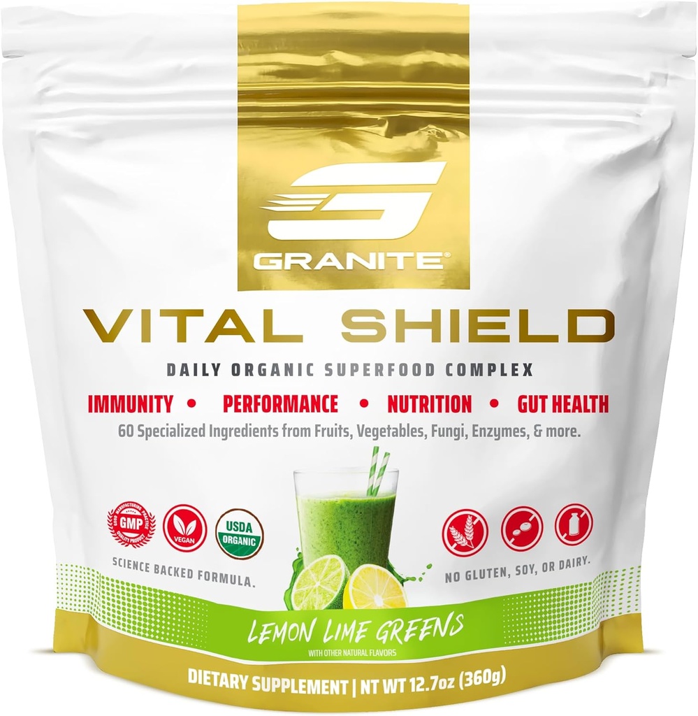 Granite Nutrition Vital Shield - USDA Organic Superfood Greens mit Pilzen & Tart Cherry – Unterstützt Energie, Immunfunktion & Verdauungsstörung – Zitronen-Lims-Flamvor (30 Portionen)