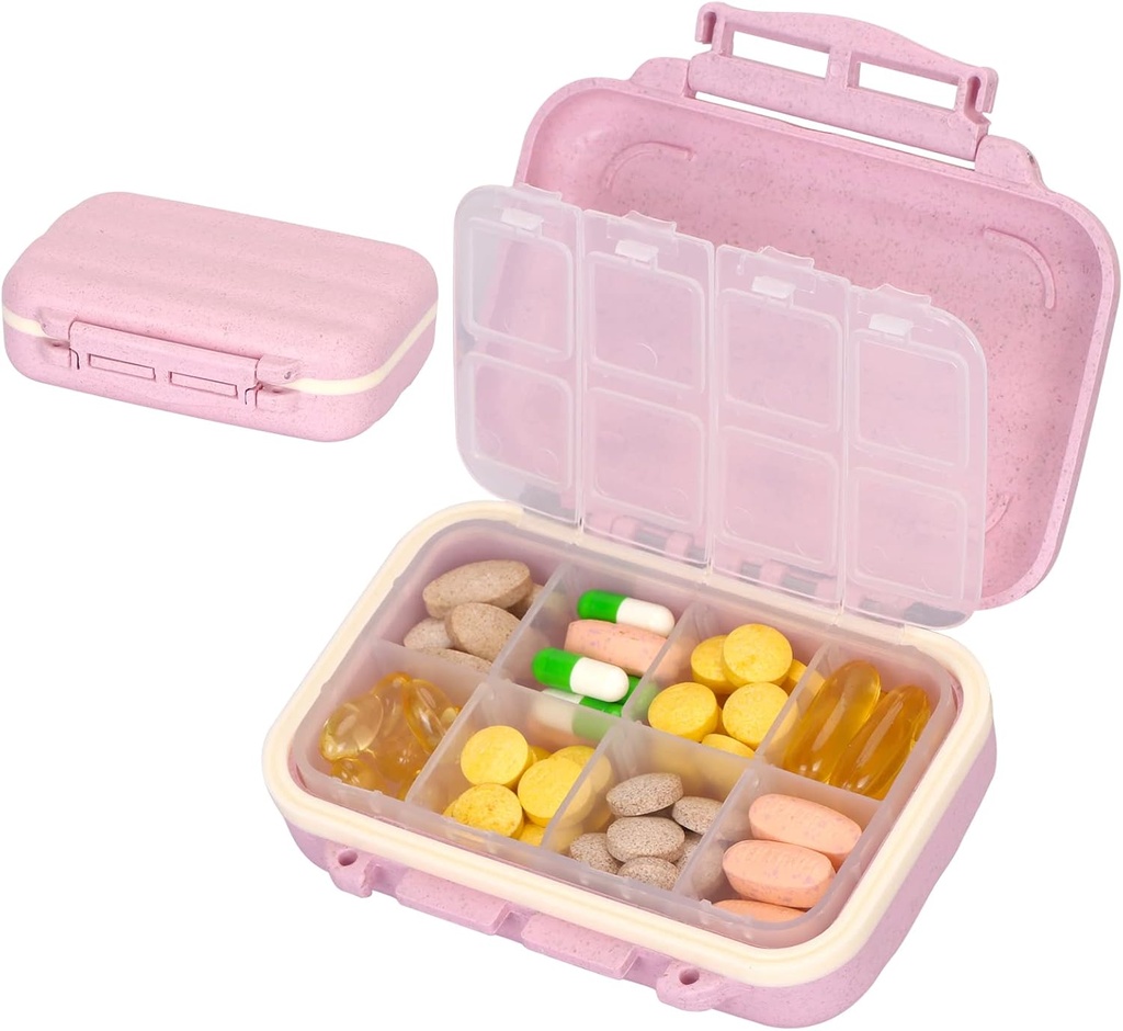 NatureTouch Pill Organizer Weekly, 8 Komponenten Lebensmittel Grad Material Reise Pille Box mit BPA frei für Medizin, Supplement, Vitamin, Fischöl, Pink