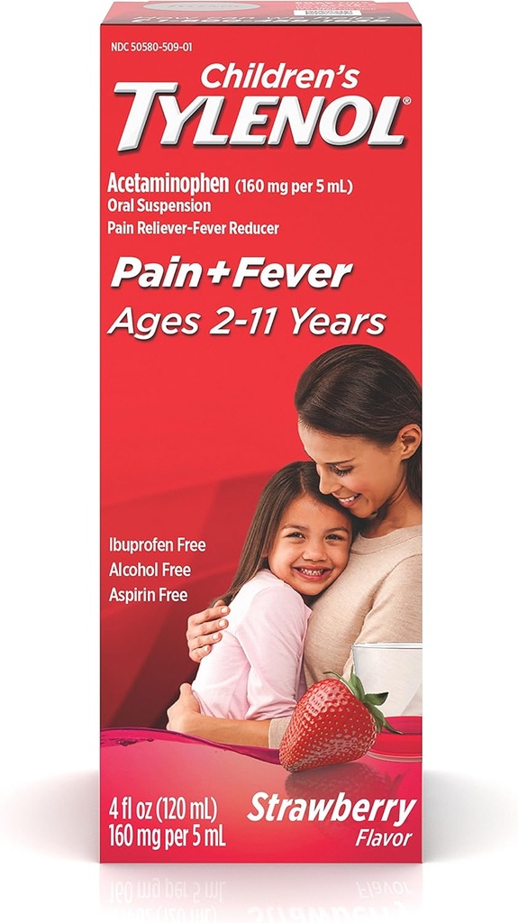 Kinder Tylenol Oral Suspension Medizin, Kinder-Flüssigmedizin Pain Reliever & Fever Reducer für kalte + Flu Symptome, Aspirin-, Ibuprofen- & Alkohol-frei, Erdbeere, 4 fl. Unze