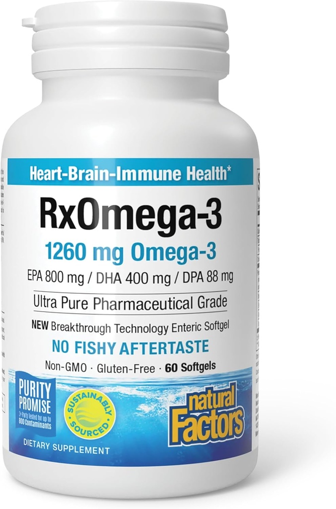 Natürliche Faktoren RxOmega-3, Natürliche Unterstützung für Herzgesundheit mit DHA und EPA, Tägliche Nahrungsergänzung, 60 Softgels