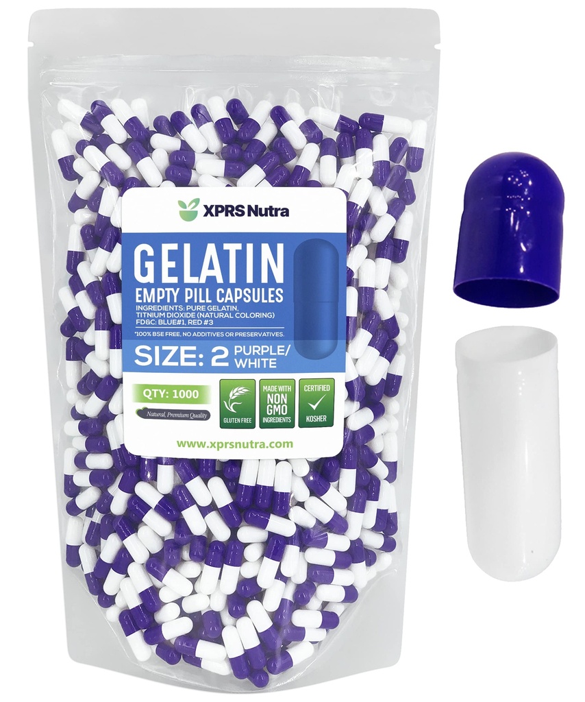 XPRS Nutra Größe 2 Leere Kapseln - 1000 Graf Leere Gelatine Kapseln - Pillen DIY Kapsel Füllung - Pure Bovine Pill Gel Kapseln für Do-It-Yourself Ergänzungen (Purple/White)