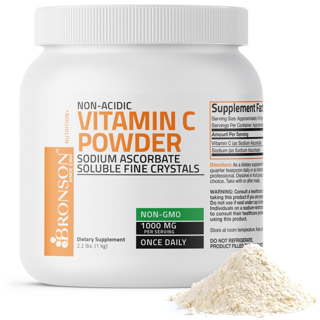 Bronson Non Acidic Vitamin C Powder Sodium Ascorbate Non GMO Soluble Fine Crystals - Healthy Immune System, Antioxidant and Cell Protection, 1 Kilogram (2.2 lbs, 35.3 Ounces)