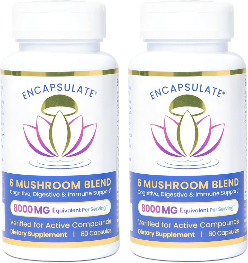 ENCAPSULATE 6 Pilzmischung – Reishi, Chaga, Türkei-Tail, Cordyceps, Lion’s Mane & Shiitake 8:1 Pilzextrakt – Nootropic & Adaptogen Pilzergänzung für Gut, Gehirn & Immununterstützung - 120 Caps