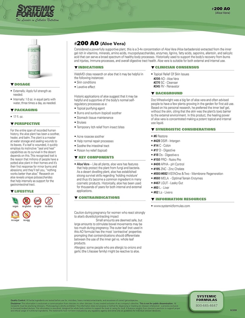 Systemische Formeln AO – Aloe Vera 16 Fl Oz BioExtrakt #200. 3-4x Konzentration von Aloe Vera Extract aus Inner Gel Rich. für interne und externe Verwendung.