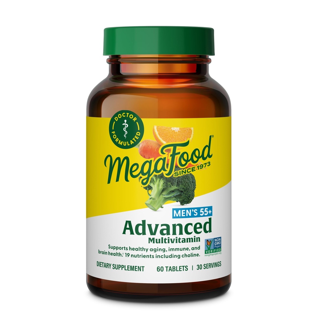MegaFood Men's 55+ Advanced Multivitamin for Men - Doctor-Formuliert -Choline, Vitamin D, Vitamin B12 – Plus Real Food – Brain Health Supplement für Erwachsene und Immununterstützung - 60 Tabs (30 Portionen)