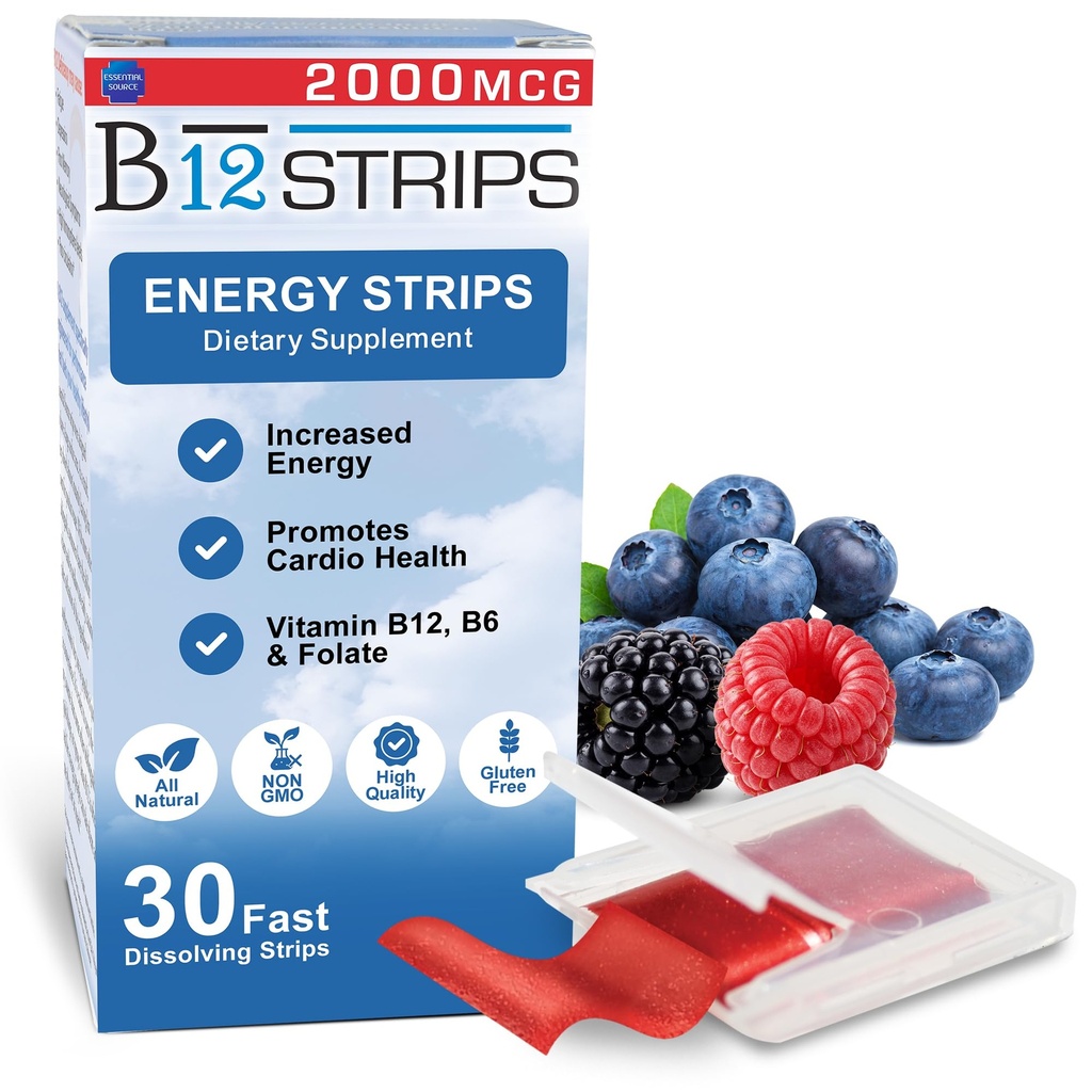 Essential Source 2.000 mcg Methylcobalamin Vitamin B12 Sublingual Energy Strips | Biotin, B6, 5-MTHF L-Methylfolate | Sublingual B12 Vitamine, Folate | Energy, Nerve Function - 30 Strips