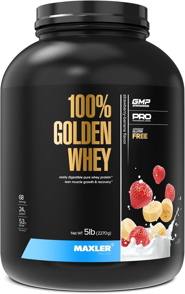 Maxler 100% Golden Whey Protein - 24g Protein per Servieren - Premium Whey Protein Powder for Pre Post Workout - Schnell-Absorbierende Whey Konzentrat, Isolate & Hydrolysate Blend - Erdbeer Banana 5 lb