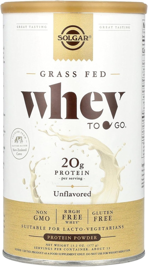 Solgar Grass Fed Whey to Go Protein Powder Unflavored, 11.2 Unze - 20g Grass-Fed Protein aus Neuseeland Kühen - Great Tasting & Mixes Easily - Unterstützt Stärke & Erholung - Non-GMO, 13 Servierungen
