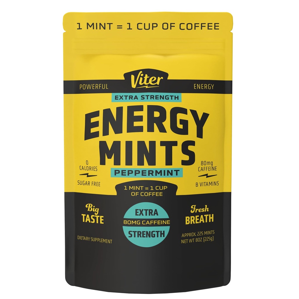 Viter Energy Extra Strength Koffeinierte Minze 80mg Koffein, B Vitamine, Sugar Free. (Peppermint, 8oz, Bulk Bag)