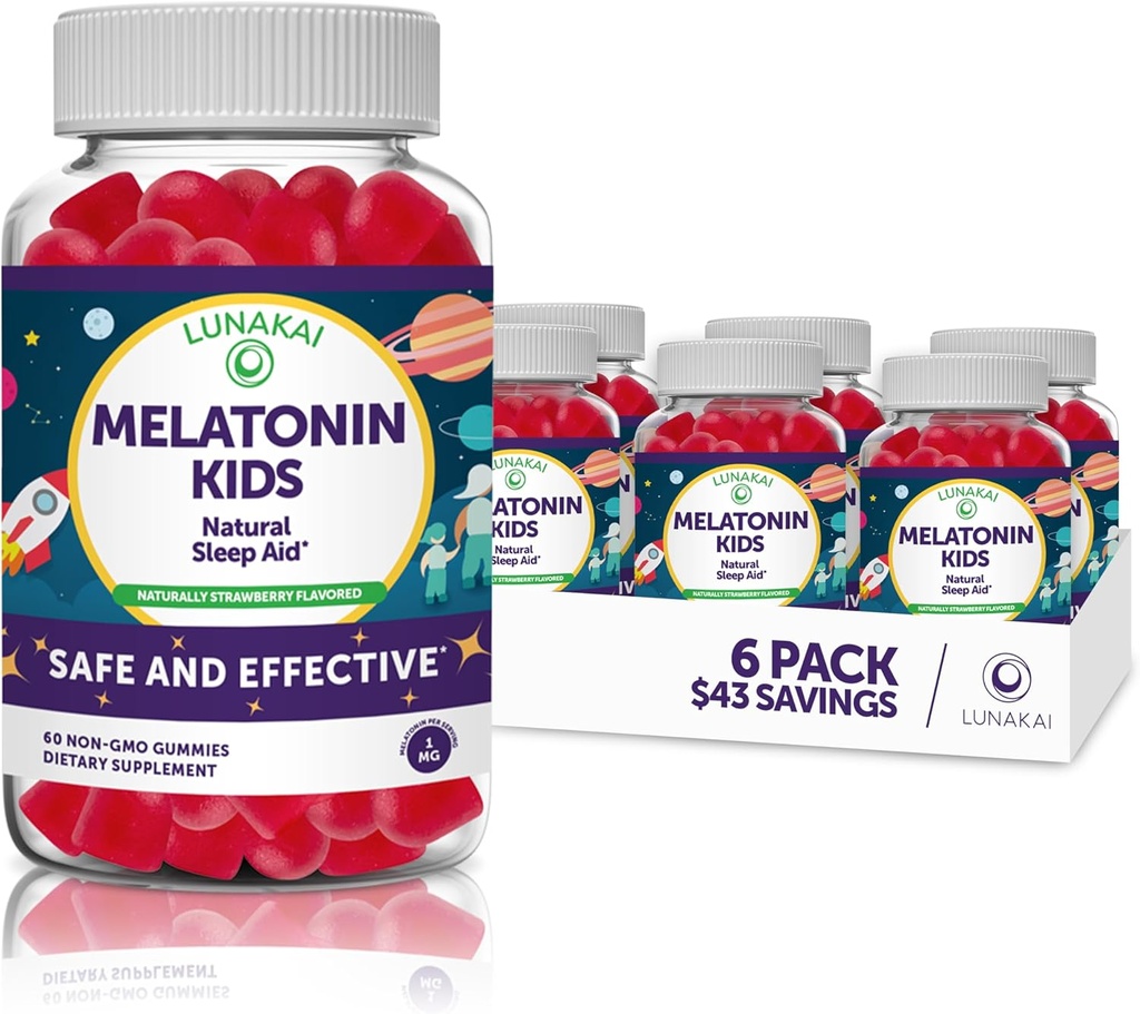 Lunakai Kids Melatonin Gummies 1mg - Tastiest Proprietary Formula - Non-GMO, Vegan, Glutenfrei Kaubare Low Dose Ergänzung für Kinder - Natürliche Schlaf-Gummy für Kinder 2 Jahre alt + - (6 Packung)