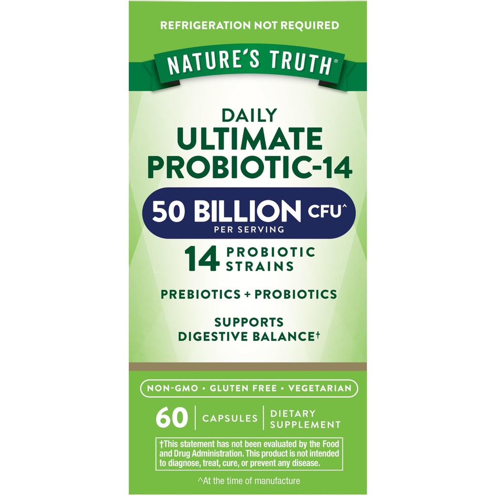 Nature's Truth Probiotic for Women and Men | 50 Billion CFU | 14 Probiotic Strains | 60 Capsules | Stomach Friendly | 200mg Prebiotics | Vegetarisch, Non-GMO & Gluten Kostenlose Ergänzung