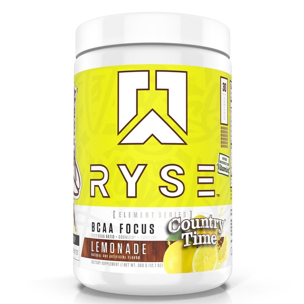 RYSE BCAA Focus Powder - Country Time Lemonade - BCAA Supplement mit Elektrolyten, Natürliche Koffein & Cognizin unterstützt Hydration, Erholung, Energie und Fokus für Männer & Frauen - 30 Servietten