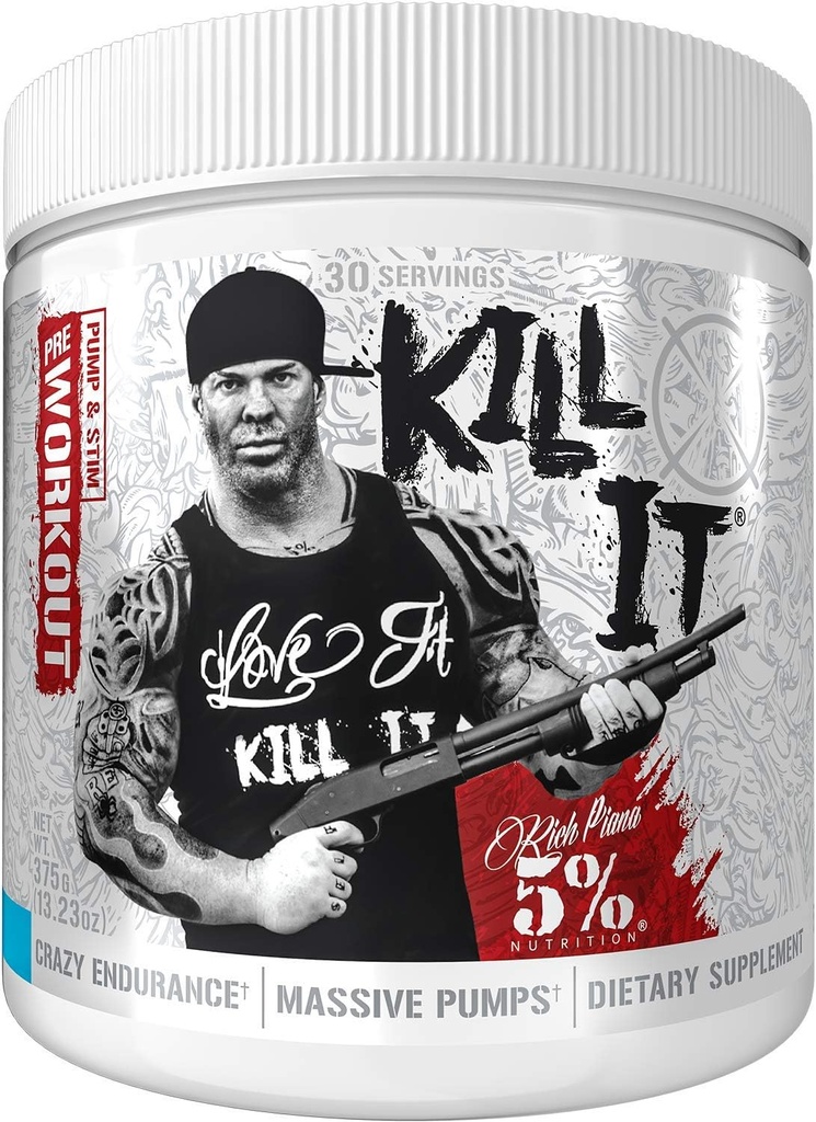 Rich Piana 5% Nutrition Kill It Pre Workout Powder w/Creatine, Jitter-Free Caffeine, NO-Booster, Beta Alanine, L-Citrulline für Fokus, Pumpe, Endurance, Recovery 13.23 oz, 30 Srvgs (Blueberry Lemonade)