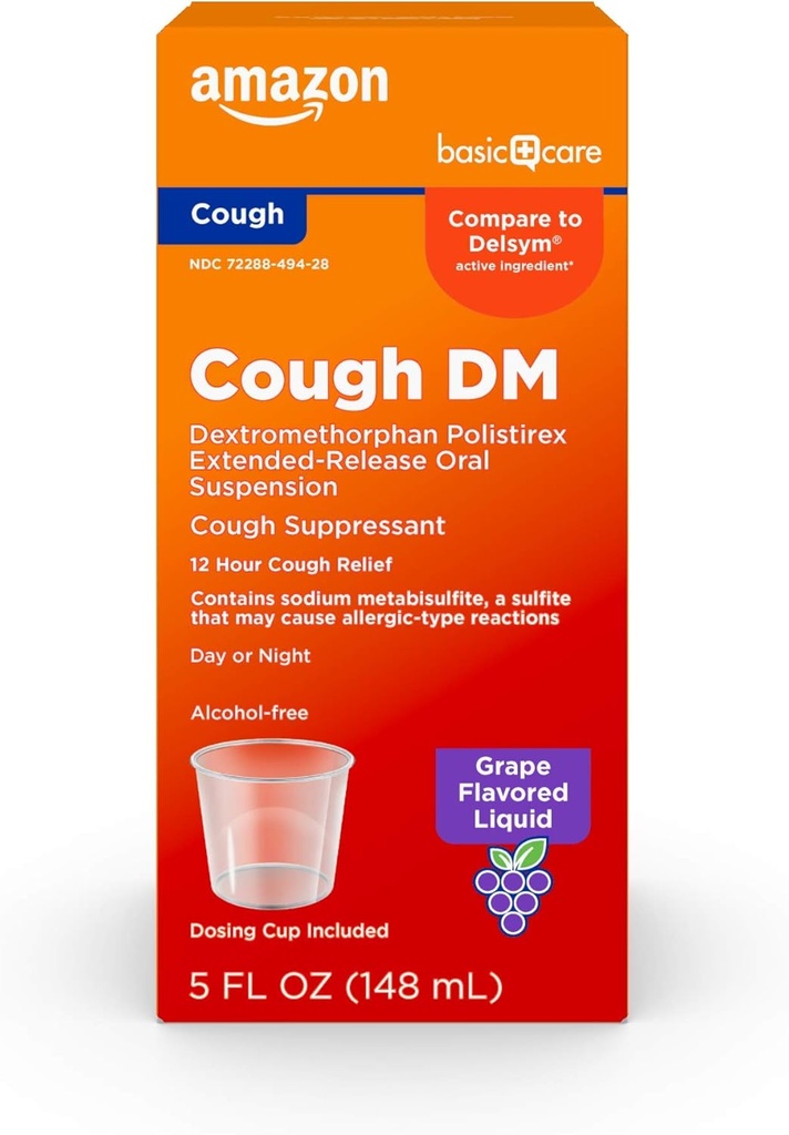 Basic Care 12 Hour Cough DM Syrup, Extended-Release Dextromethorphan, Grape Flavor Liquid Medicine, 5 fl oz (Pack mit 1)
