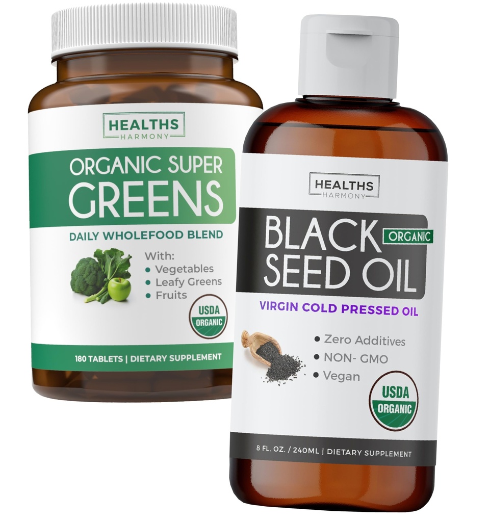Super Greens & Black Seed Oil (3-Monats-Versorgung) Kräuteröl Mischung aus Bio Super Greends Pulver - Komplette Superfood (180 Kapseln) & Bio Black Seed Oil Liquid - Kalt gepresst (8 fl oz)