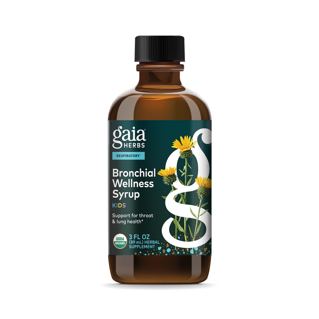 Gaia Herbs Bronchial Wellness Syrup Kinder - Immununterstützungsergänzung - Throat & Lung Health Support* - Certified Organic Formula with English Plantain, Grindelia & Honey - 3 Fl Oz (18 Servietten)