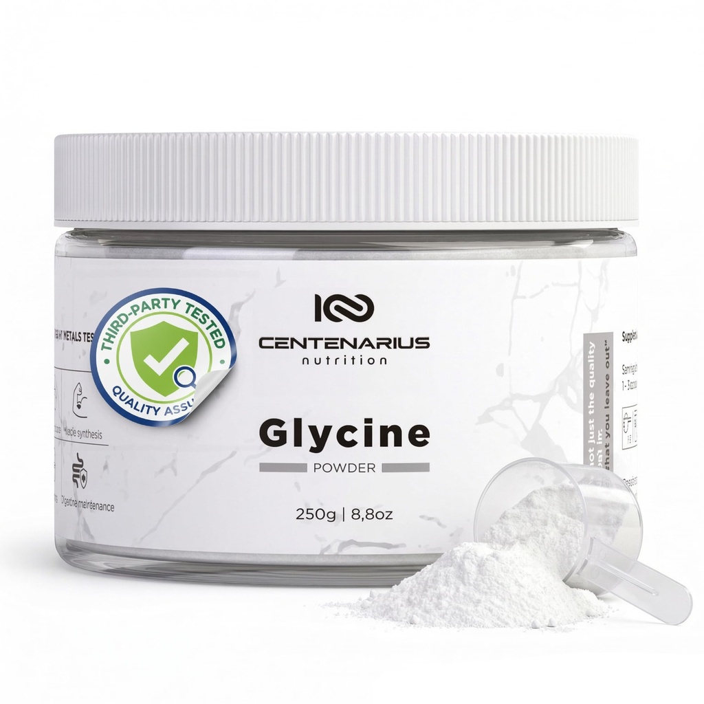 Glycine Powder 250g | Non-Essential Aminosäuren Ergänzung für Post Workout Muskel Erholung, Verdauung, Schlafhilfe + mehr - Vegan, Additive-Free, Third-Party getestet | Centenarius Nutrition