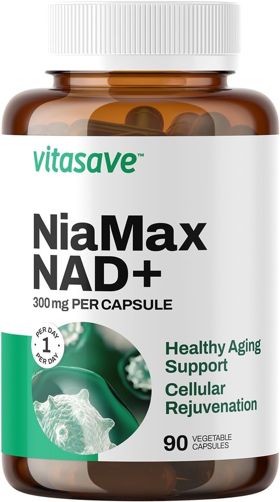 Vitasave NiaMax NAD+ Supplement – 300mg Niacinamid Riboside pro Kapsel – hochkarätig NAD+ Precursor für Energie, Gesunde Aging & Metabolic Function – Vegan, Non-GMO, Gluten-Free (90 Kapseln)