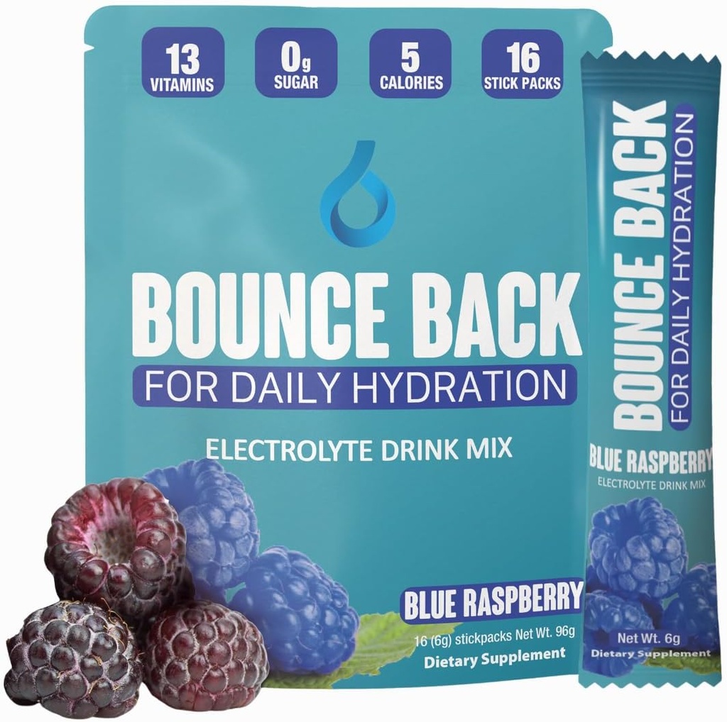 Bounce Back Daily Hydration - 13 essentielle Vitamine, Zero Sugar Electrolyte Packets - 5 Kalorien, Organisch - Keto und intermittierend Freundlich | 0 Net Carbs (16 Pack, Blue Raspberry)