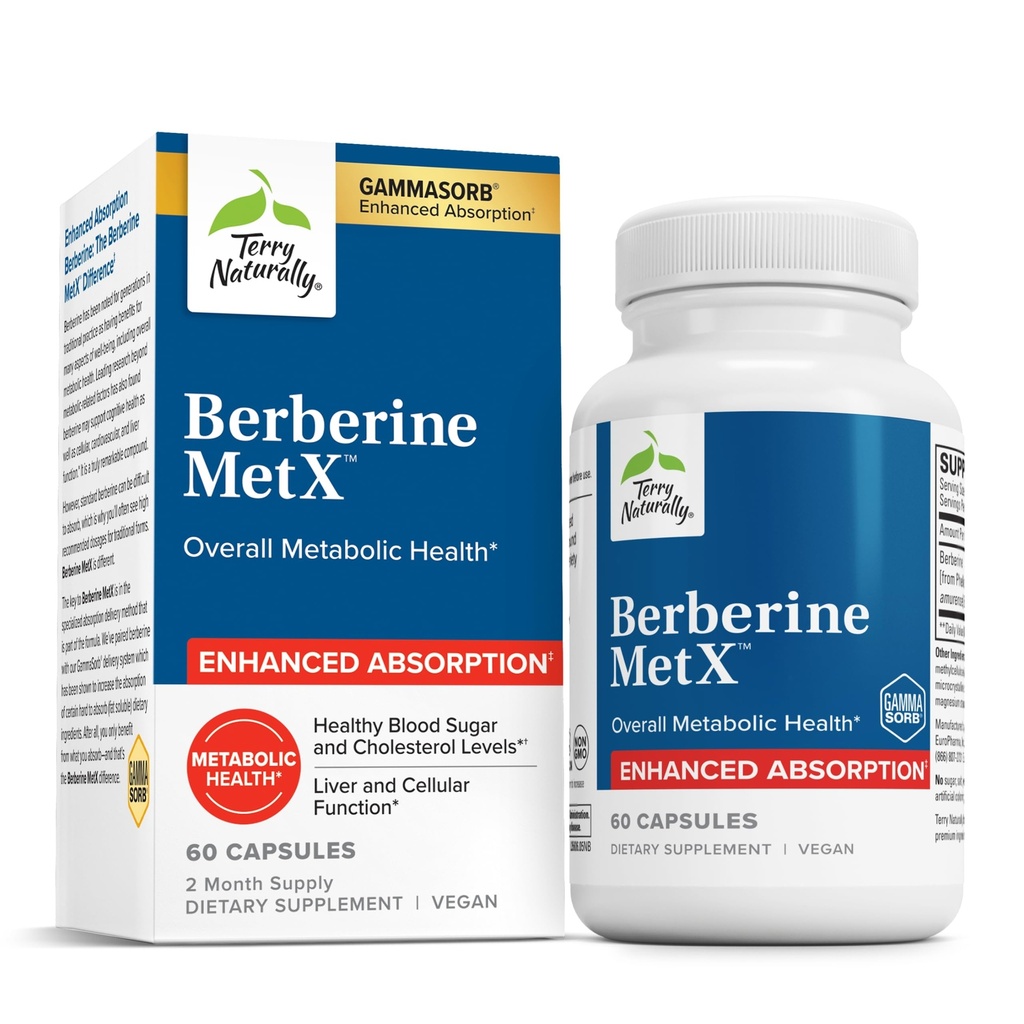 Terry Naturally Berberine MetX Extra Strength - Brain & Liver Health Support Supplement - Ergänzung mit indischen Barberry Root Extract - Vegan Kapseln für Metabolic Health Support - 60 Kapseln