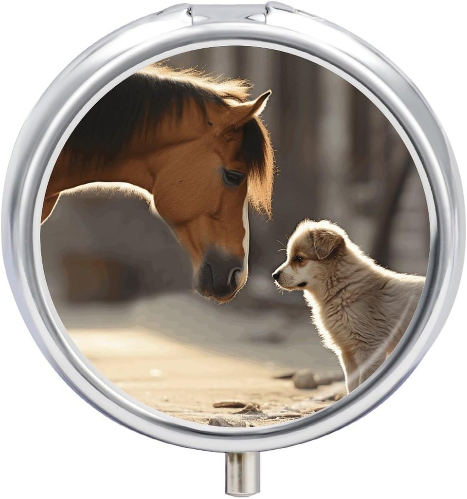 Süße Hund und Pferd gedruckt Pille Box Kleine Pille Fall für Geld &amp; Tasche 3 Compartment Reisen Pillen Boxen Metall Runde kleine Pille Organizer Vitamine, Medikamente, Fischöl und Ergänzungen zu halten