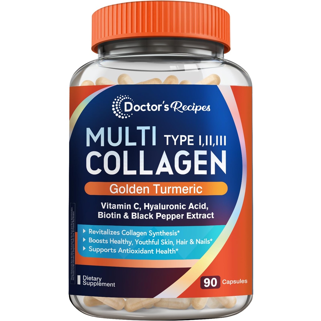 Recipes Multi Collagen Peptide mit Golden Turmeric, Vitamin C, Biotin, Hyaluronsäure & Schwarz Pfeffer, Collagen Ergänzungen für Haut, Haar, Nagel, Kollagen für Frauen und Männer, 90 Caps